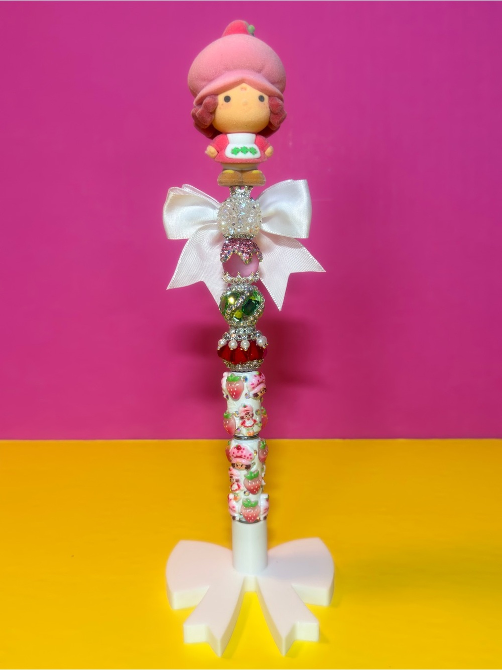 Strawberry Doll Charm Pen with Bow - Pink & White